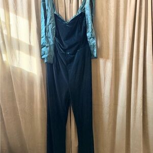 Dark Green Velvet Holiday Jumpsuit with Satin Shoulder Ties